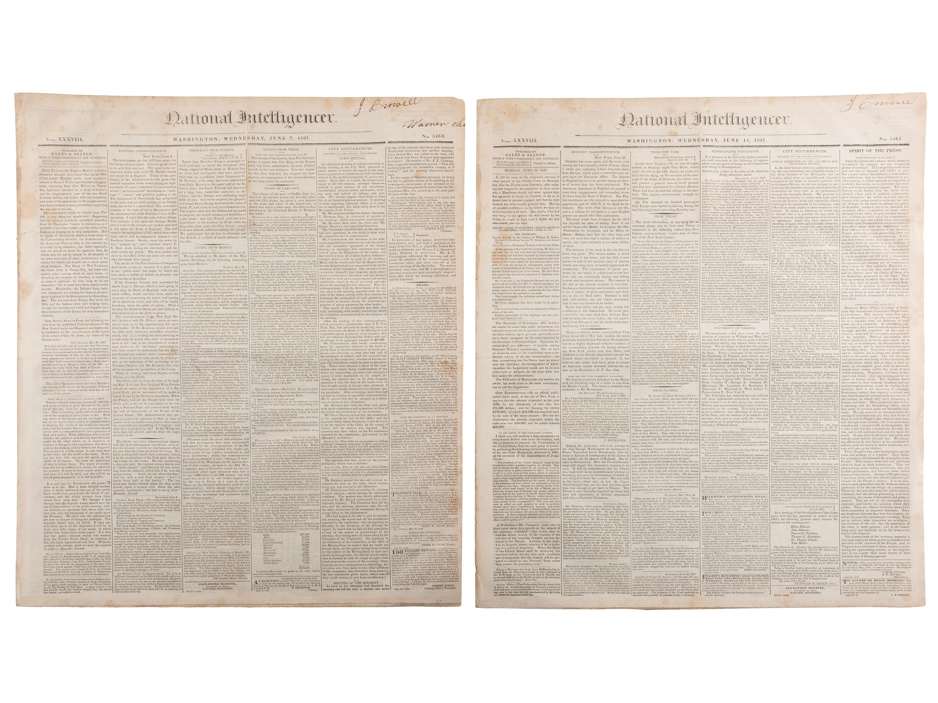 [SLAVERY & ABOLITION]. Advertisements for the return of freedom seekers published in 8 issues of The National Intelligencer . Washington, DC: May-August 1837.