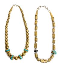 Two Santo Domingo Turquoise and Brass Necklaces, Length of each 22 inches.
