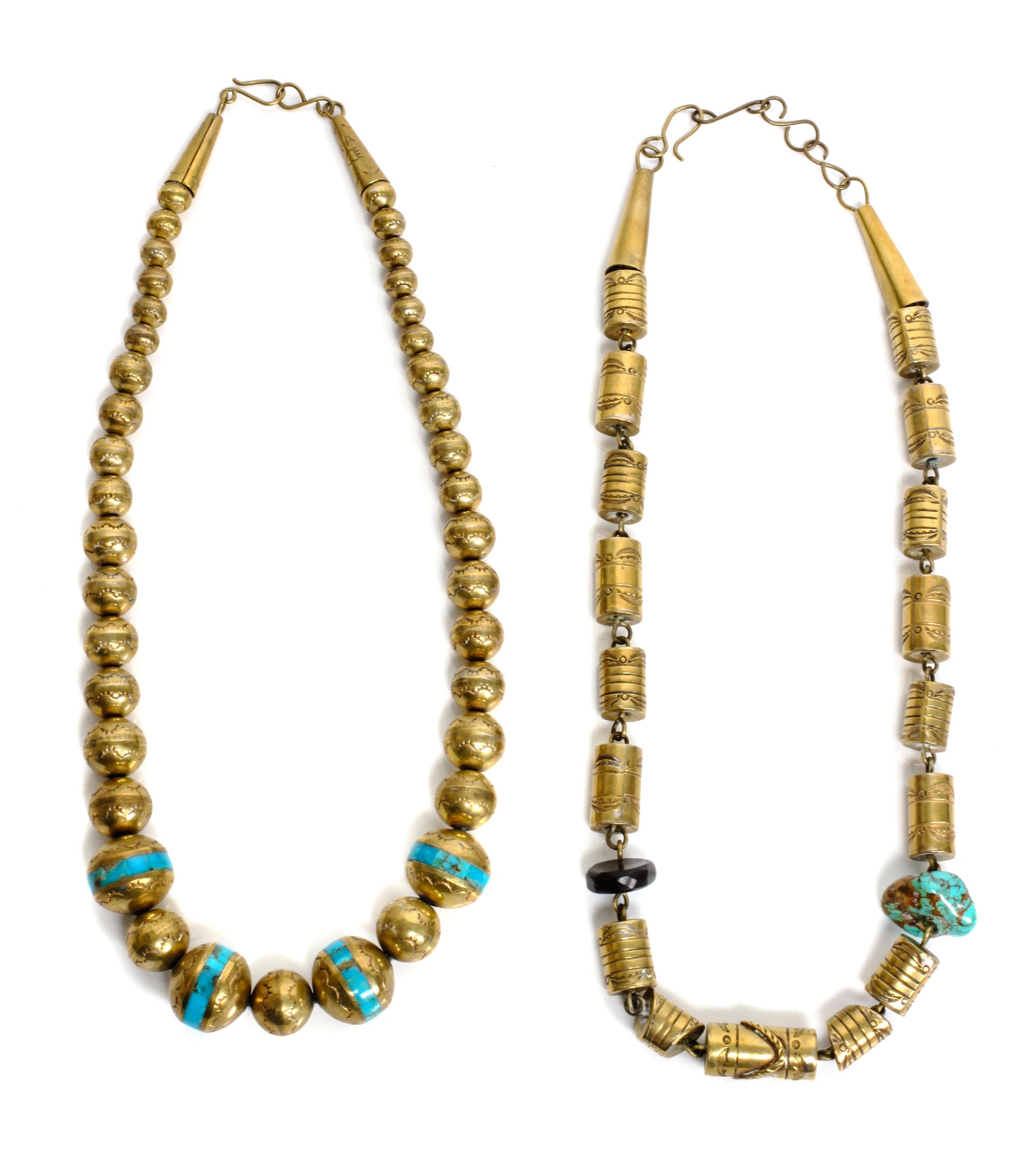 Two Santo Domingo Turquoise and Brass Necklaces, Length of each 22 inches.