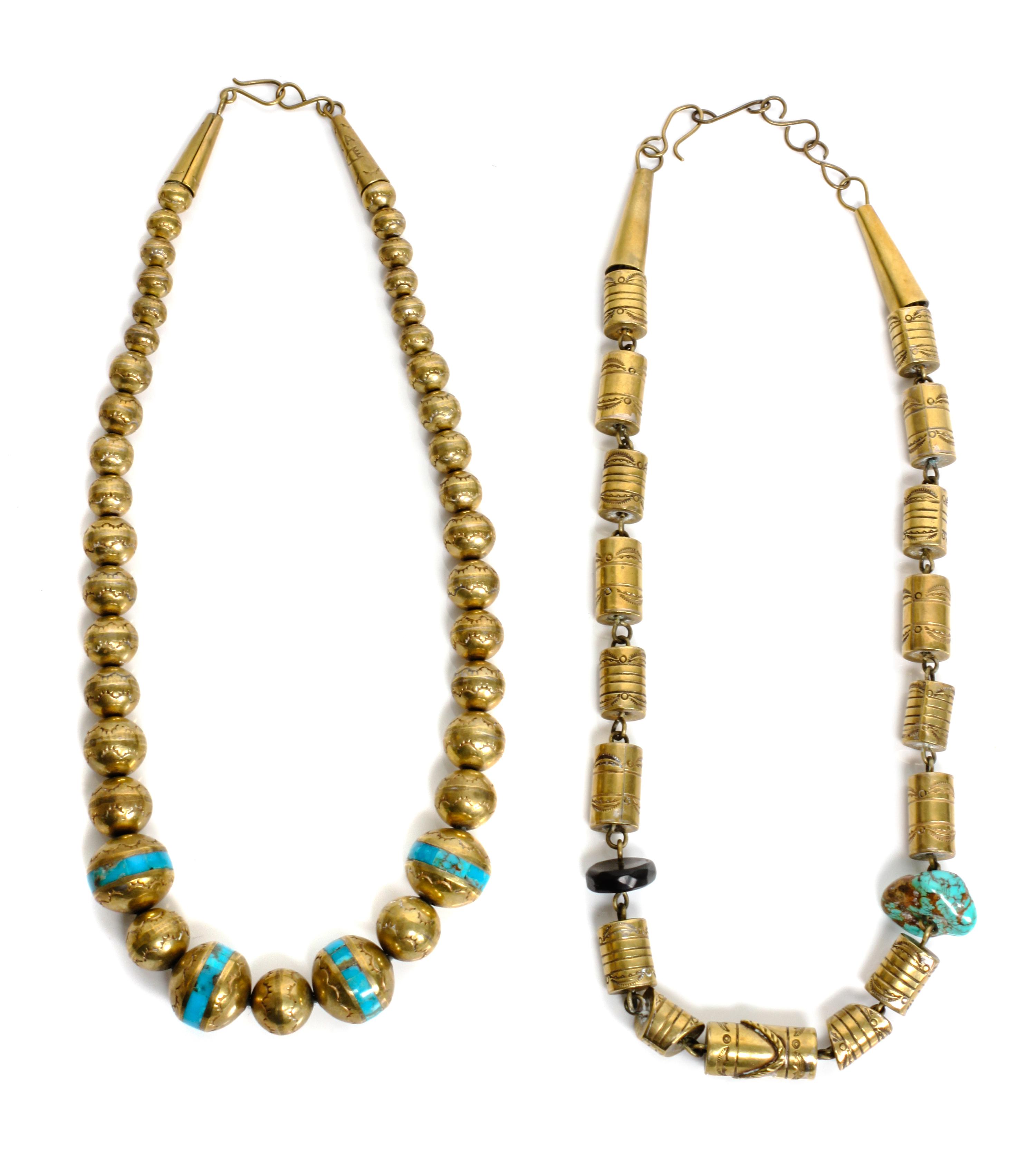 Two Santo Domingo Turquoise and Brass Necklaces, Length of each 22 inches.