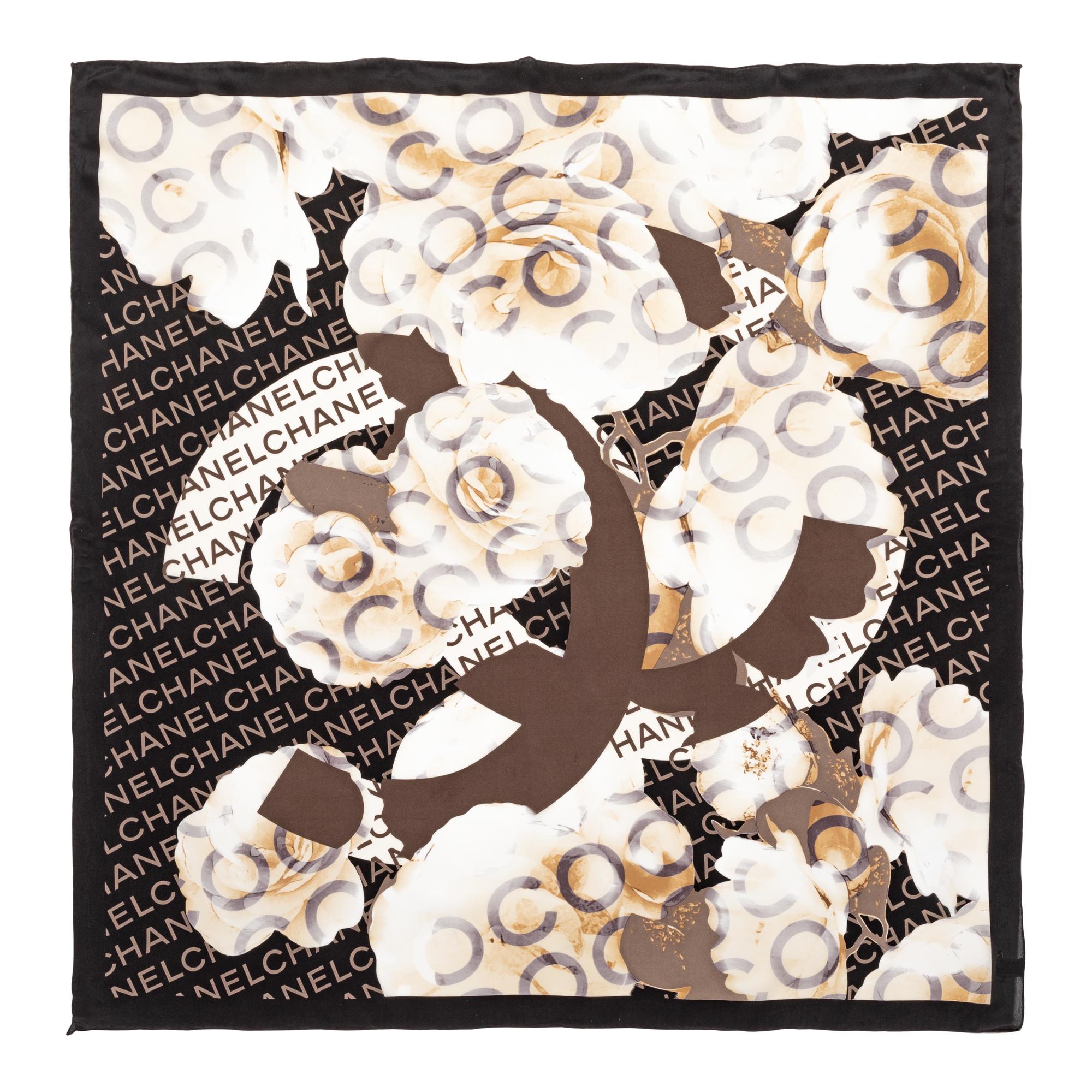 Chanel Cream, Black, Taupe Rose Scarf,