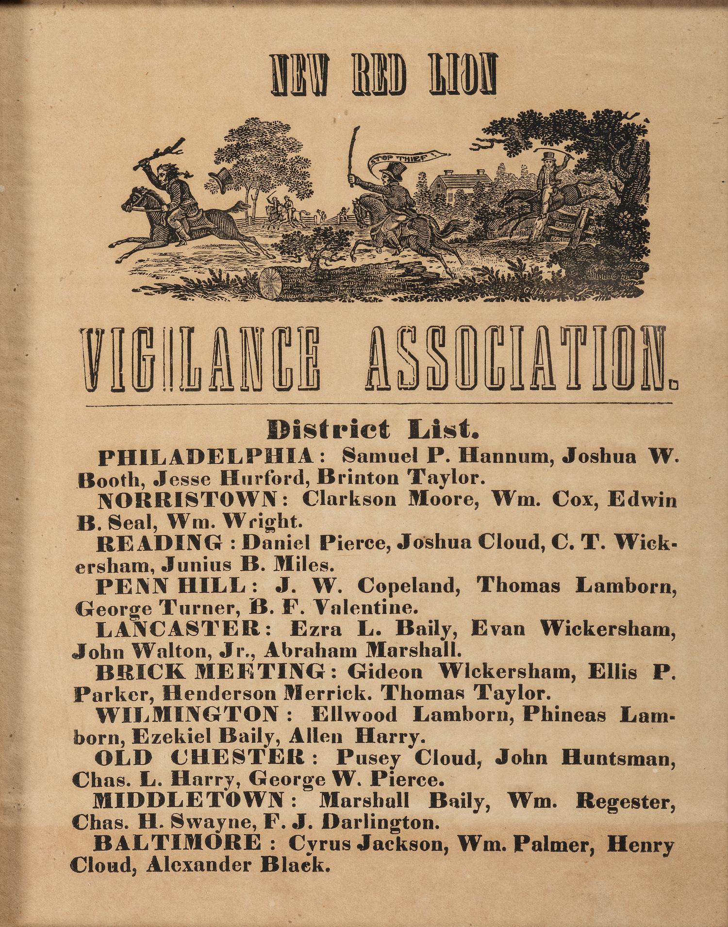 [CRIME & PUNISHMENT]. New Red Lion Vigilance Association. [Pennsylvania]: N.p., ca 1864.