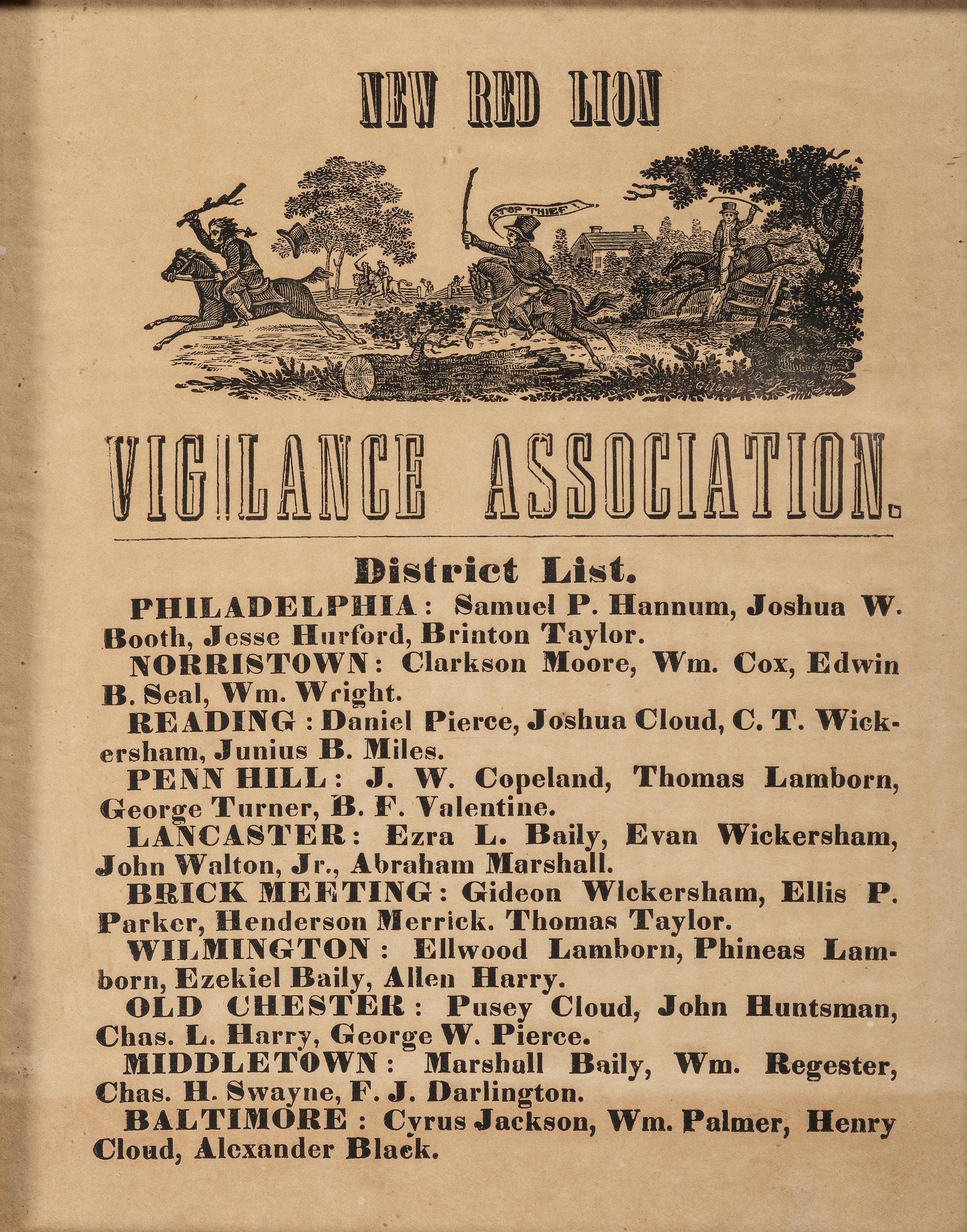 [CRIME & PUNISHMENT]. New Red Lion Vigilance Association. [Pennsylvania]: N.p., ca 1864.