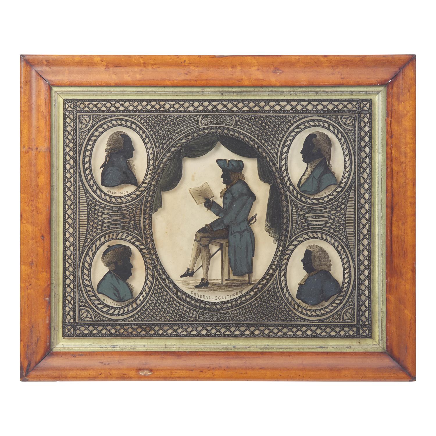 American School 19th Century, An Eglomise Group Profile Silhouette Portrait Depicting General James Oglethorpe, George Washington, Benjamin Franklin, Aaron Burr, and William Penn