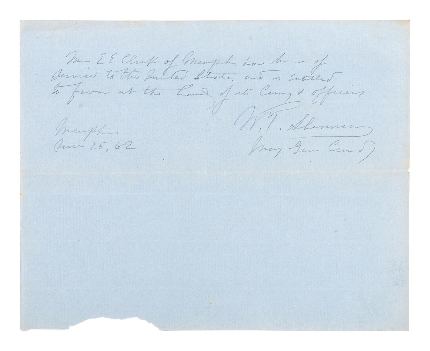 SHERMAN, William Tecumseh (1820-1891). A group of 3 items, including 2 CDVs and an autograph endorsement signed ("W.T. Sherman"), as Major General. Memphis, TN, 25 November 1862.