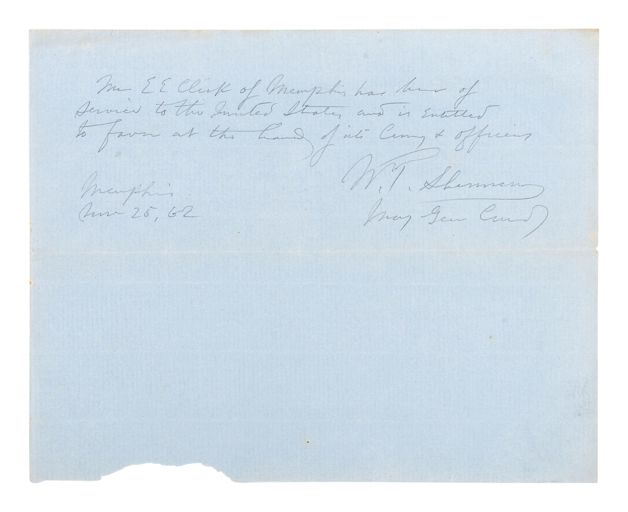 SHERMAN, William Tecumseh (1820-1891). A group of 3 items, including 2 CDVs and an autograph endorsement signed ("W.T. Sherman"), as Major General. Memphis, TN, 25 November 1862.