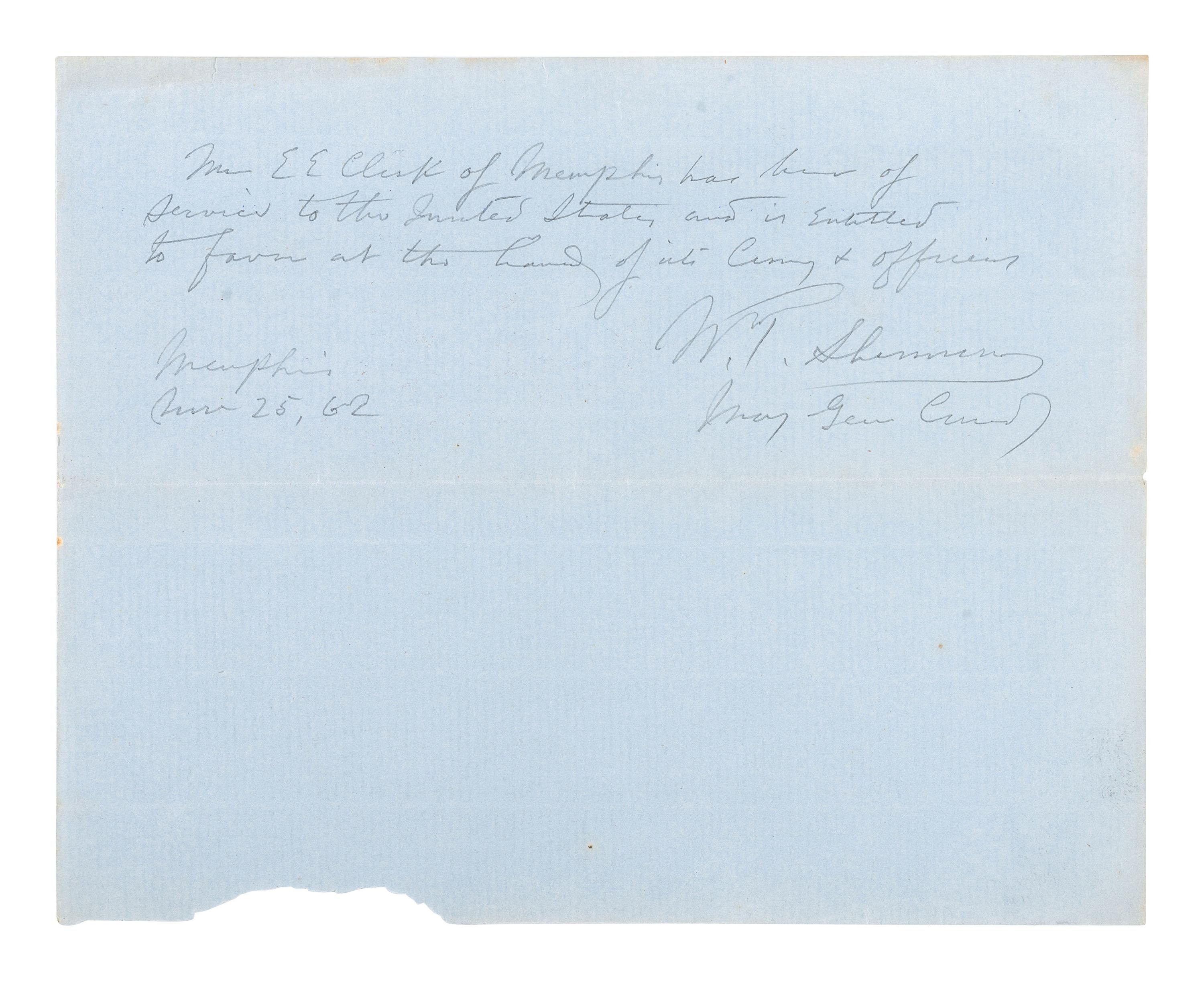SHERMAN, William Tecumseh (1820-1891). A group of 3 items, including 2 CDVs and an autograph endorsement signed ("W.T. Sherman"), as Major General. Memphis, TN, 25 November 1862.
