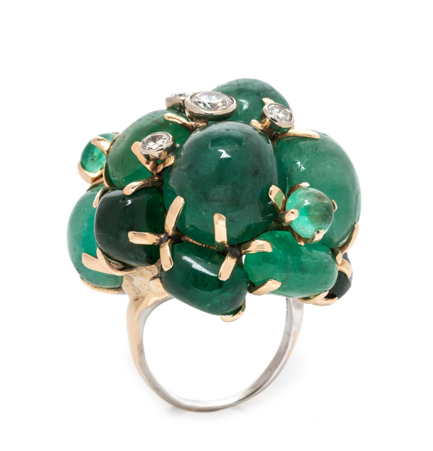 A 14 Karat Bicolor Gold, Emerald and Diamond Bombe Cluster Ring, Seaman Schepps, 18.20 dwts.