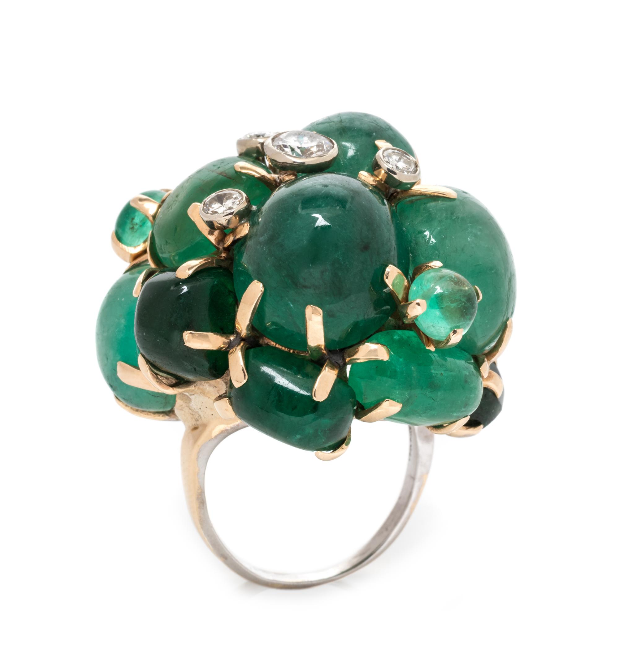 A 14 Karat Bicolor Gold, Emerald and Diamond Bombe Cluster Ring, Seaman Schepps, 18.20 dwts.
