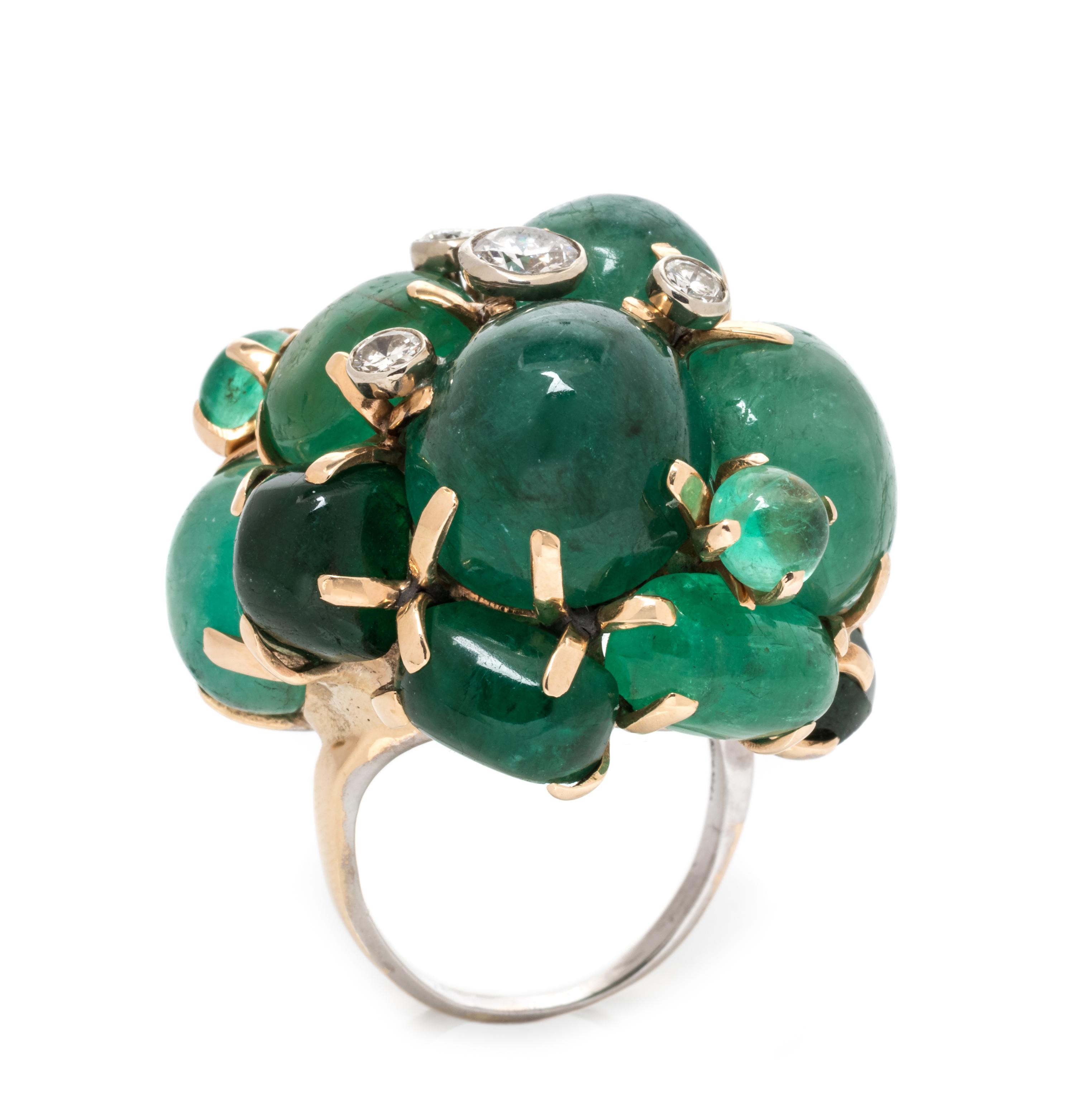 A 14 Karat Bicolor Gold, Emerald and Diamond Bombe Cluster Ring, Seaman Schepps, 18.20 dwts.
