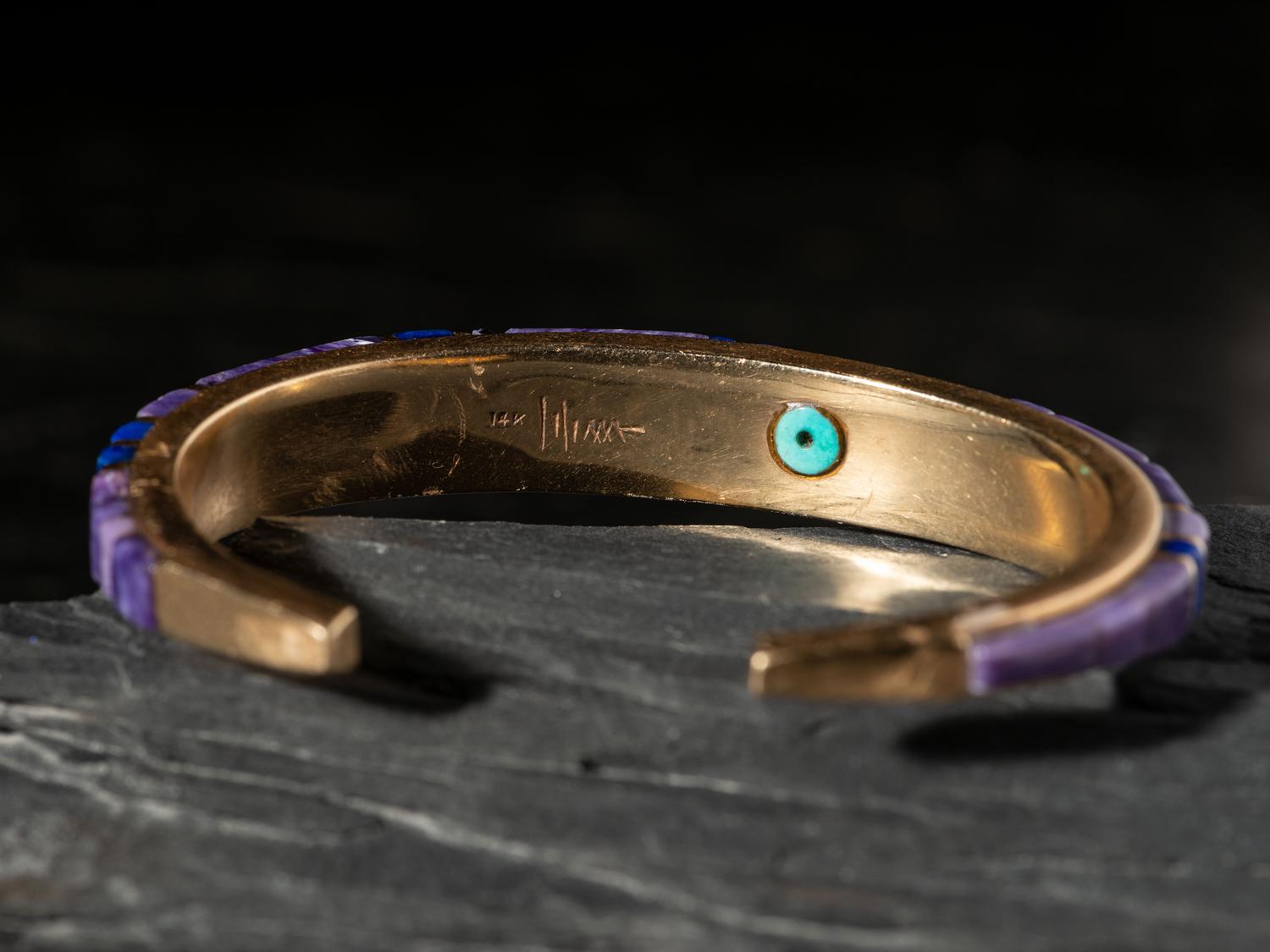 14K Gold Cuff Bracelet, with Charoite and Lapis Cobblestone Inlay