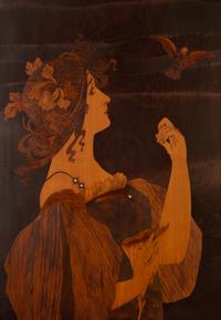 Art Nouveau Intarsia Wall Plaque of a Woman with Bird