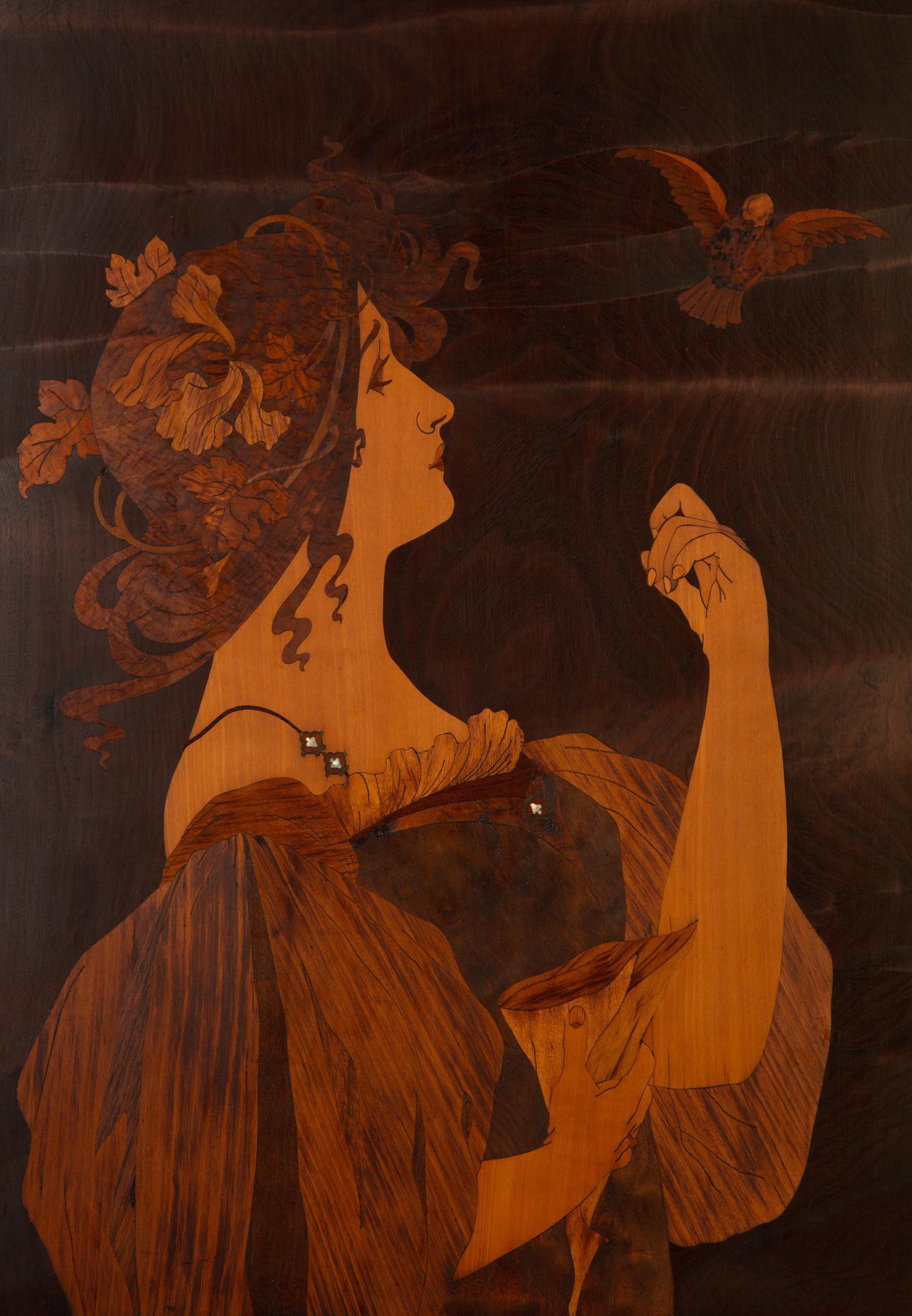 Art Nouveau Intarsia Wall Plaque of a Woman with Bird
