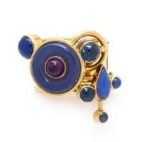 Wendy Ramshaw, Ring Set of Six Yellow Gold and Multigem Stacking Rings on a White Metal and Enamel Ring Stand