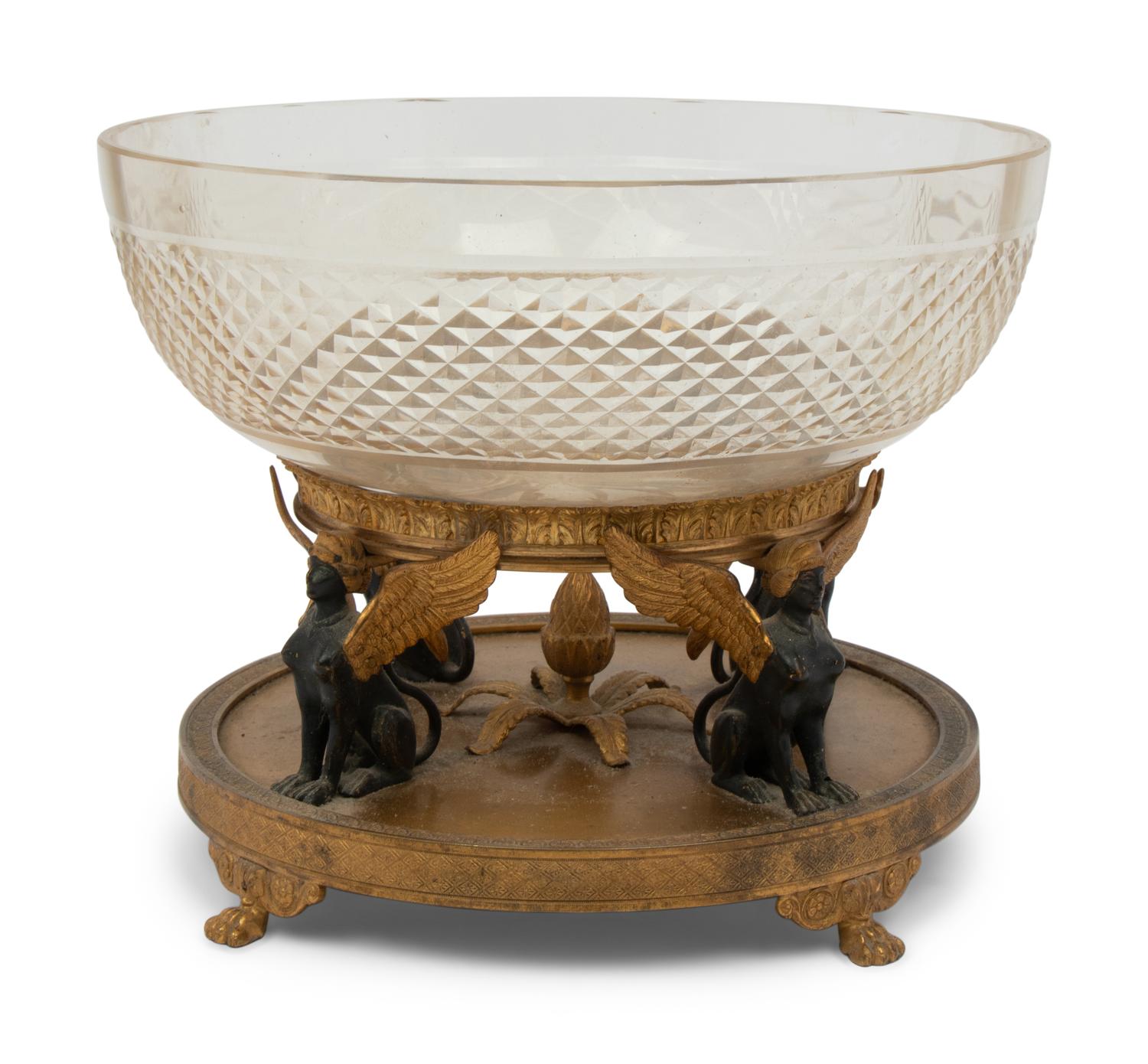 An Empire Style Gilt and Patinated Bronze Mounted Cut Glass Centerpiece Bowl