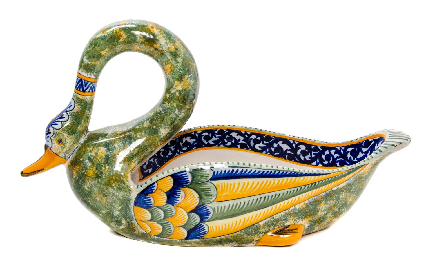 A Quimper Pottery Swan Form Bowl Length 15 inches.