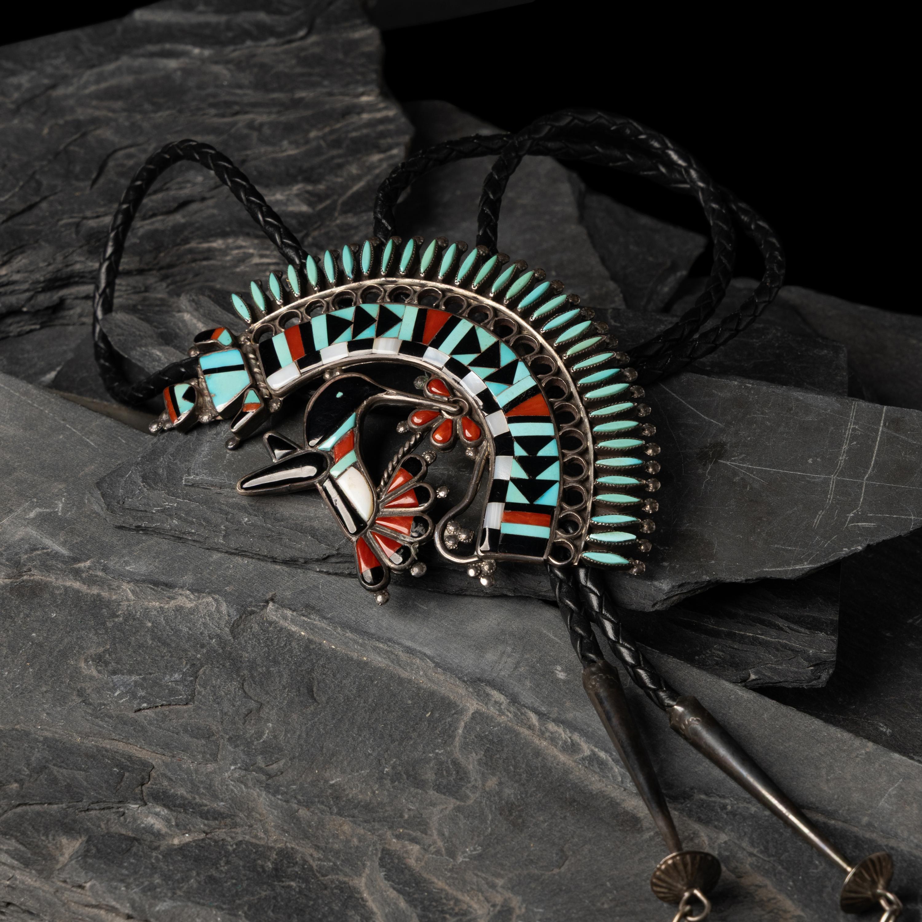 Benji Zuniga (Zuni, 20th century) — Large Hummingbird and Rainbow Man Mosaic Inlay Bolo Tie, 1980