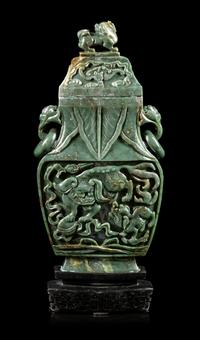 A Spinach Jade Covered Vase, Fanghu Height 15 inches. — EARLY 20TH CENTURY