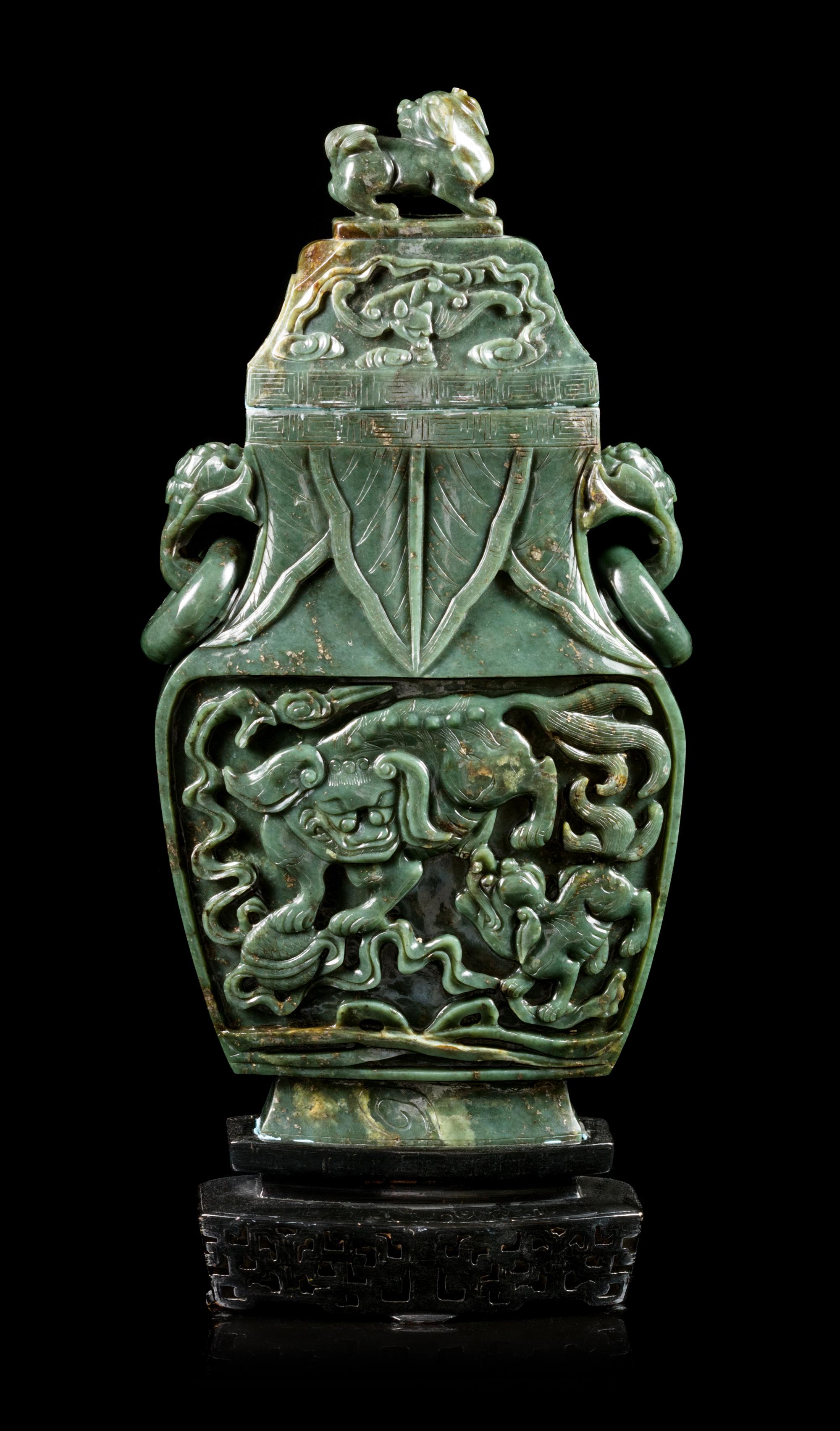 A Spinach Jade Covered Vase, Fanghu Height 15 inches. — EARLY 20TH CENTURY