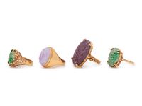 A Collection of 14 Karat Yellow Gold and Carved Hardstone Rings,