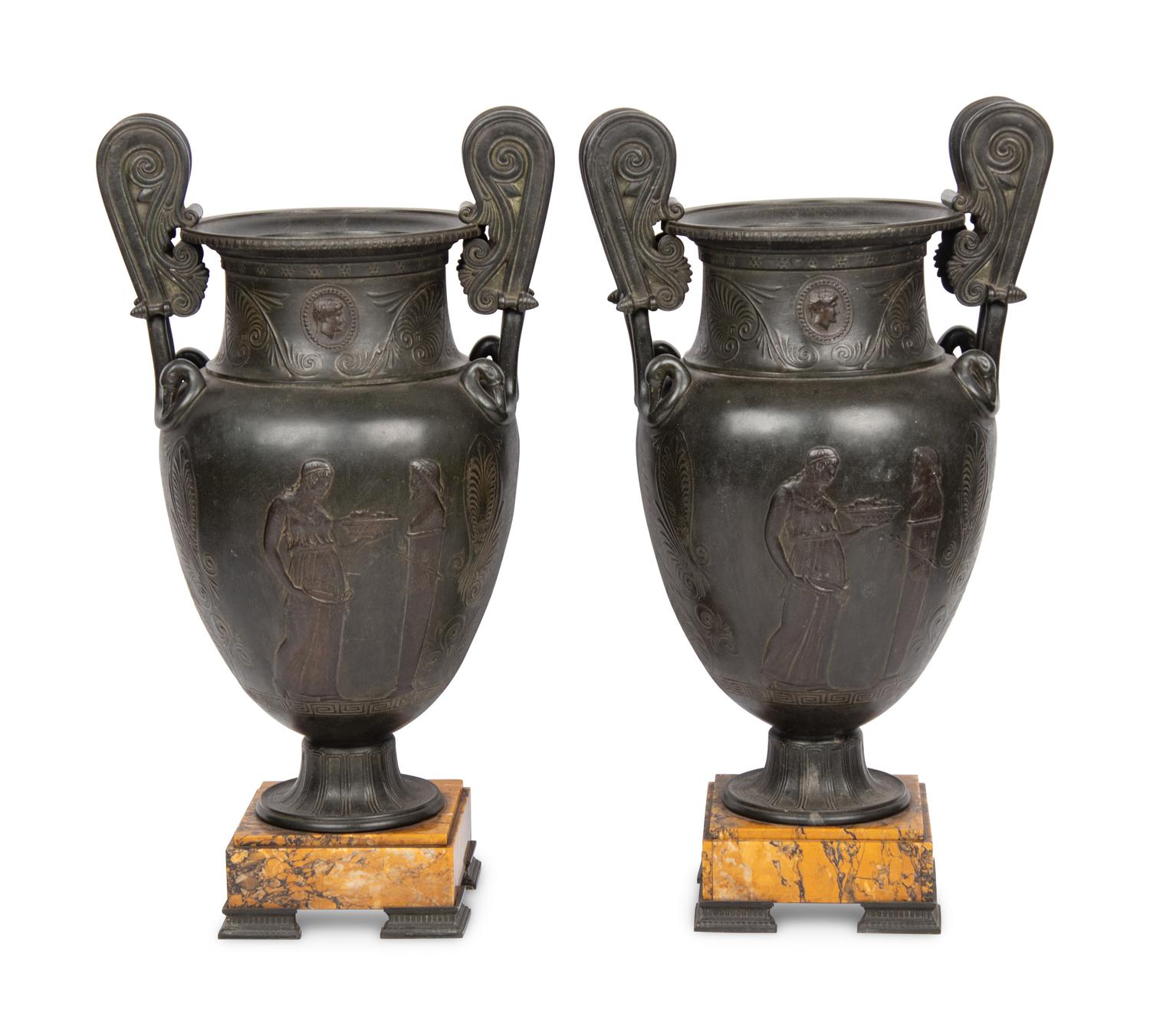 A Pair of Grand Tour Patinated White Metal and Siena Marble Vases