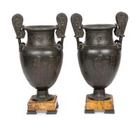 A Pair of Grand Tour Patinated White Metal and Siena Marble Vases