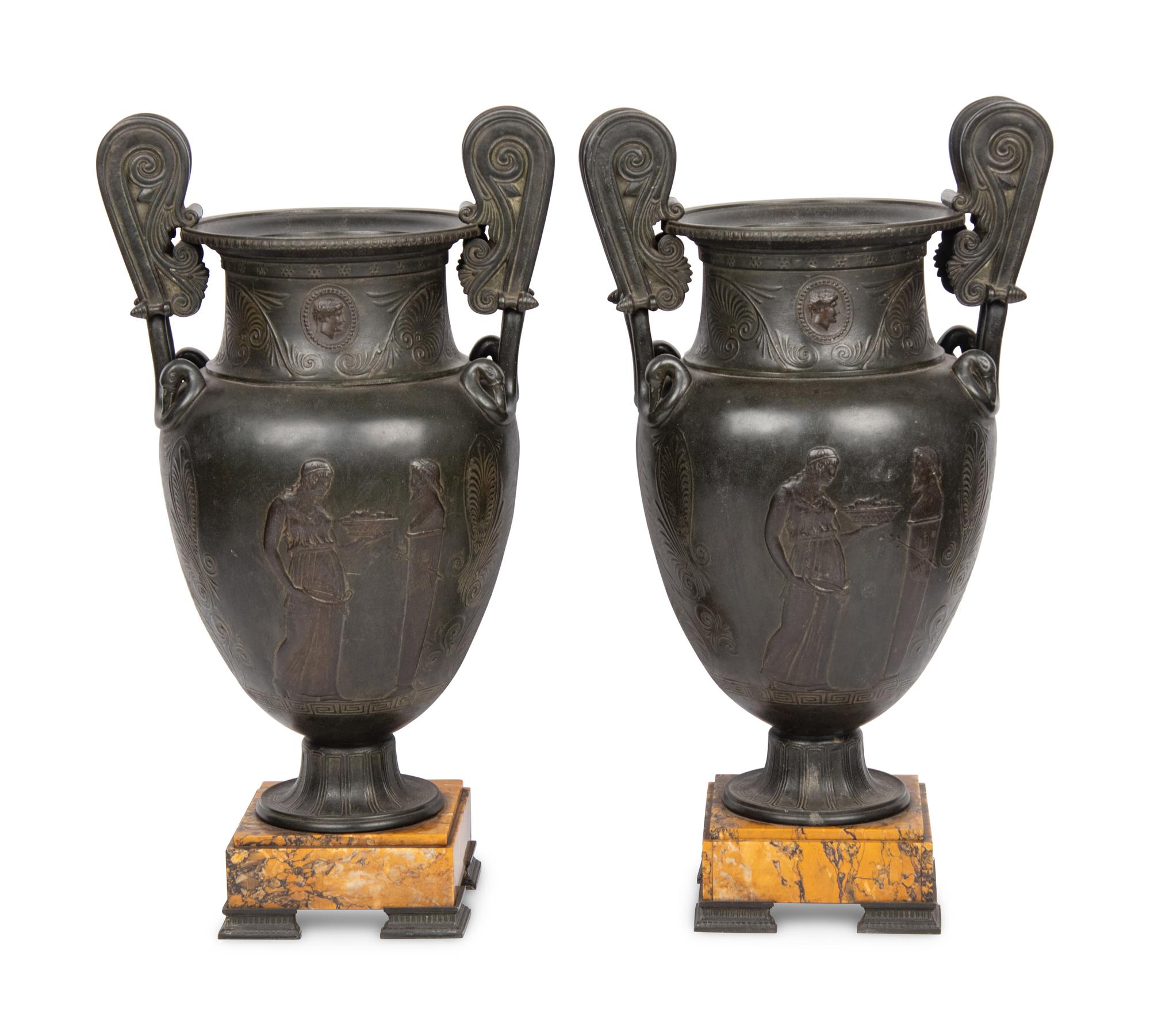 A Pair of Grand Tour Patinated White Metal and Siena Marble Vases