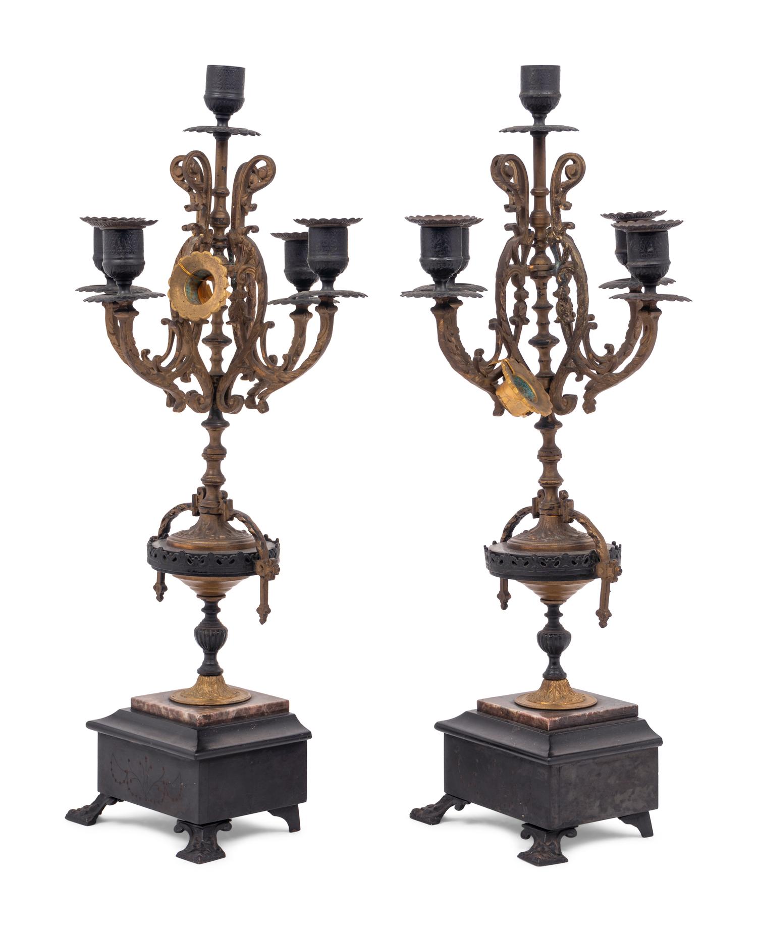 A Pair of French Cast Metal and Slate Five-Light Candelabra