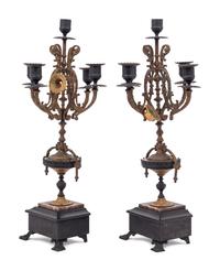 A Pair of French Cast Metal and Slate Five-Light Candelabra