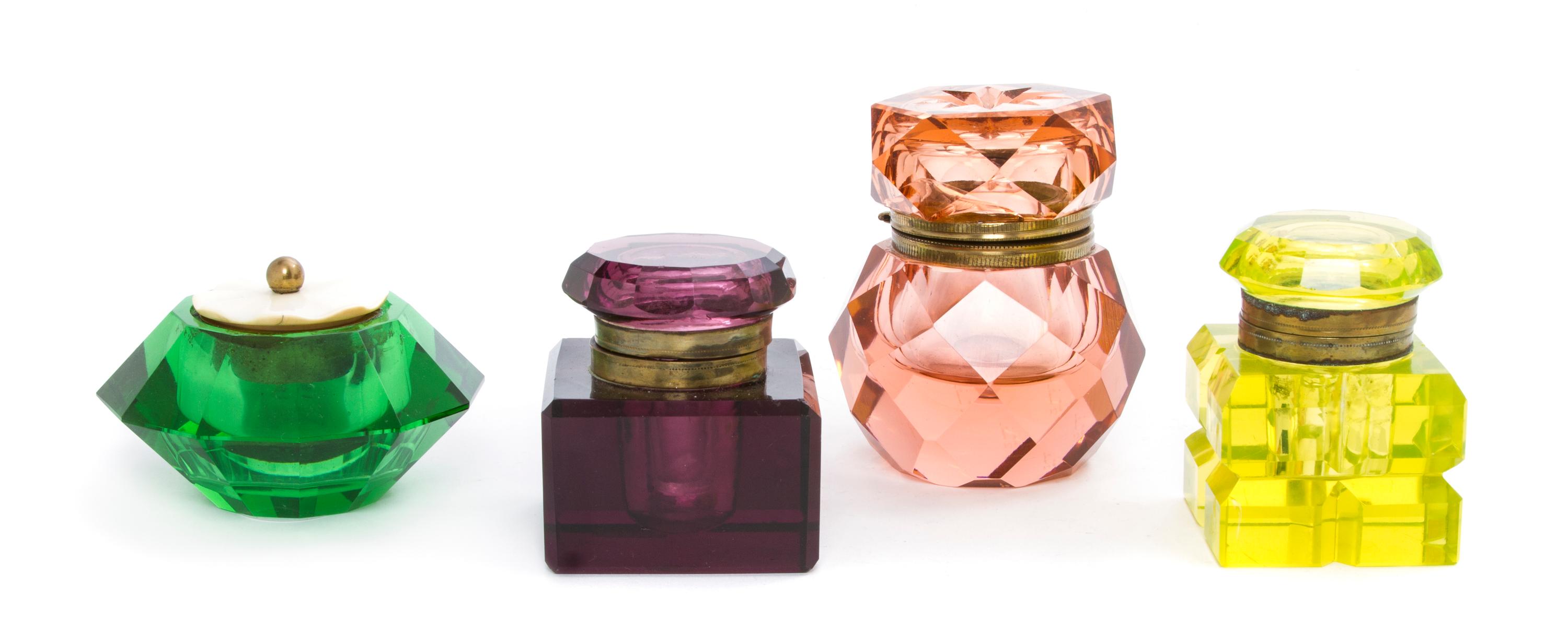 Four Colored Cut Glass Inkwells, Height of tallest 3 1/2 inches.