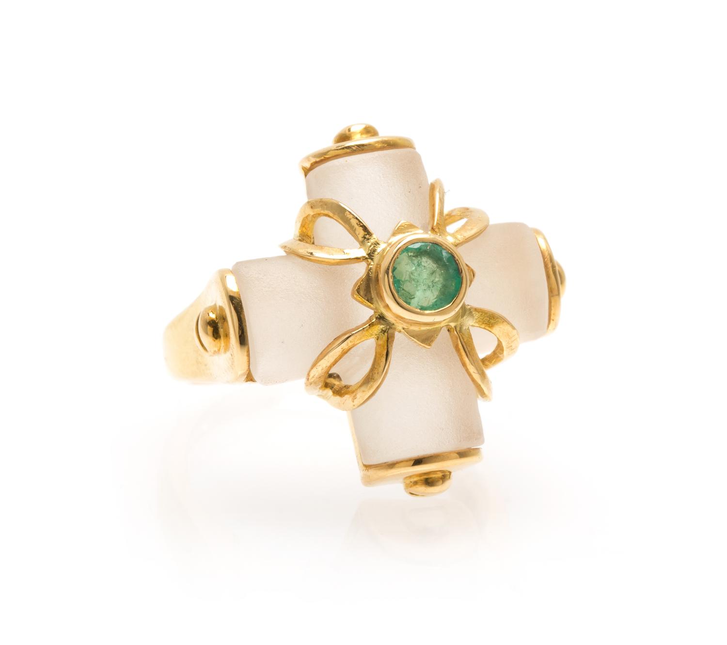 An 18 Karat Yellow Gold, Rock Crystal and Emerald Cross Ring, Lalaounis, 5.70 dwts.