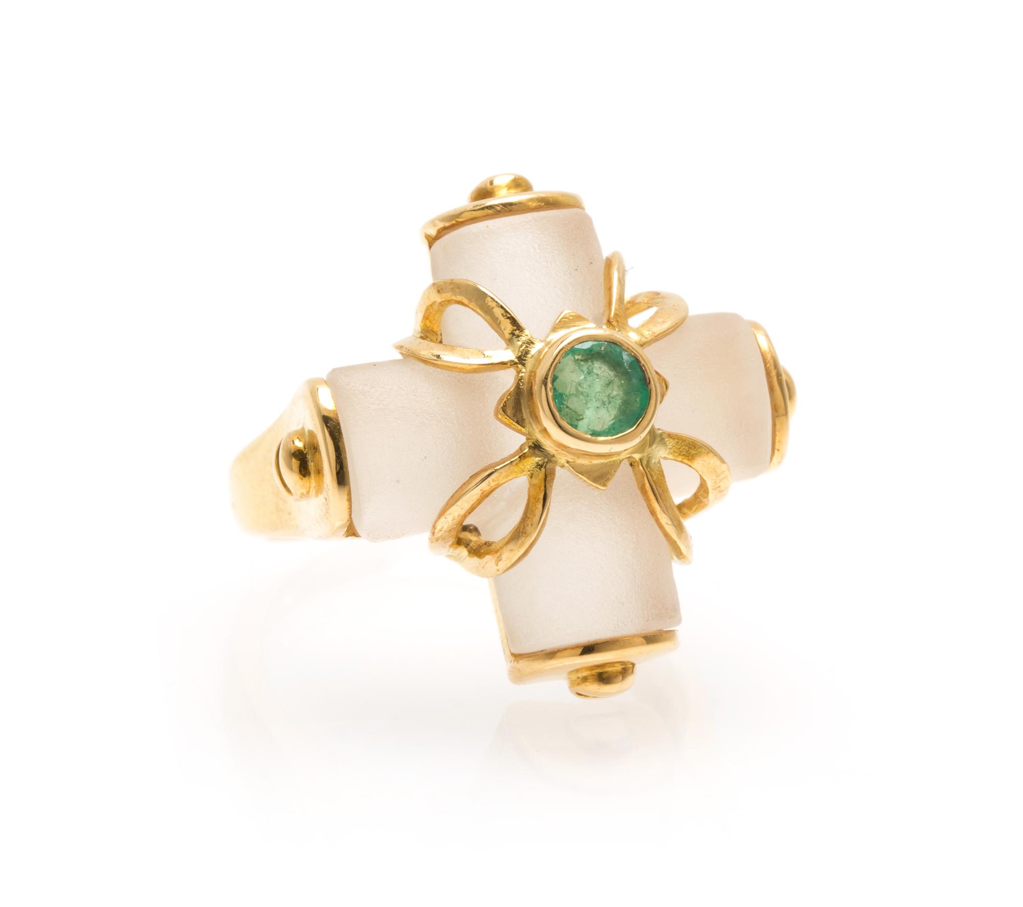 An 18 Karat Yellow Gold, Rock Crystal and Emerald Cross Ring, Lalaounis, 5.70 dwts.