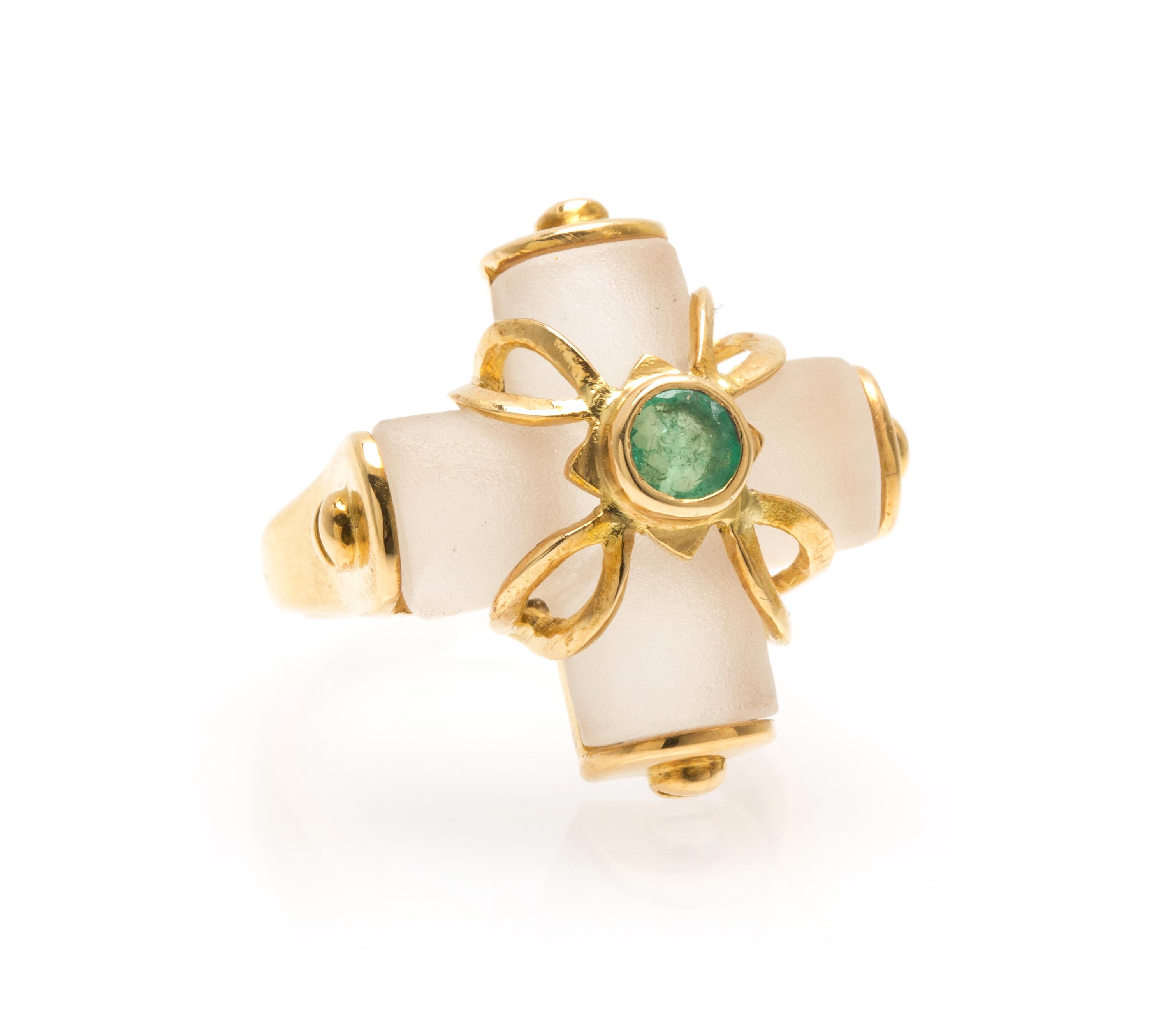 An 18 Karat Yellow Gold, Rock Crystal and Emerald Cross Ring, Lalaounis, 5.70 dwts.