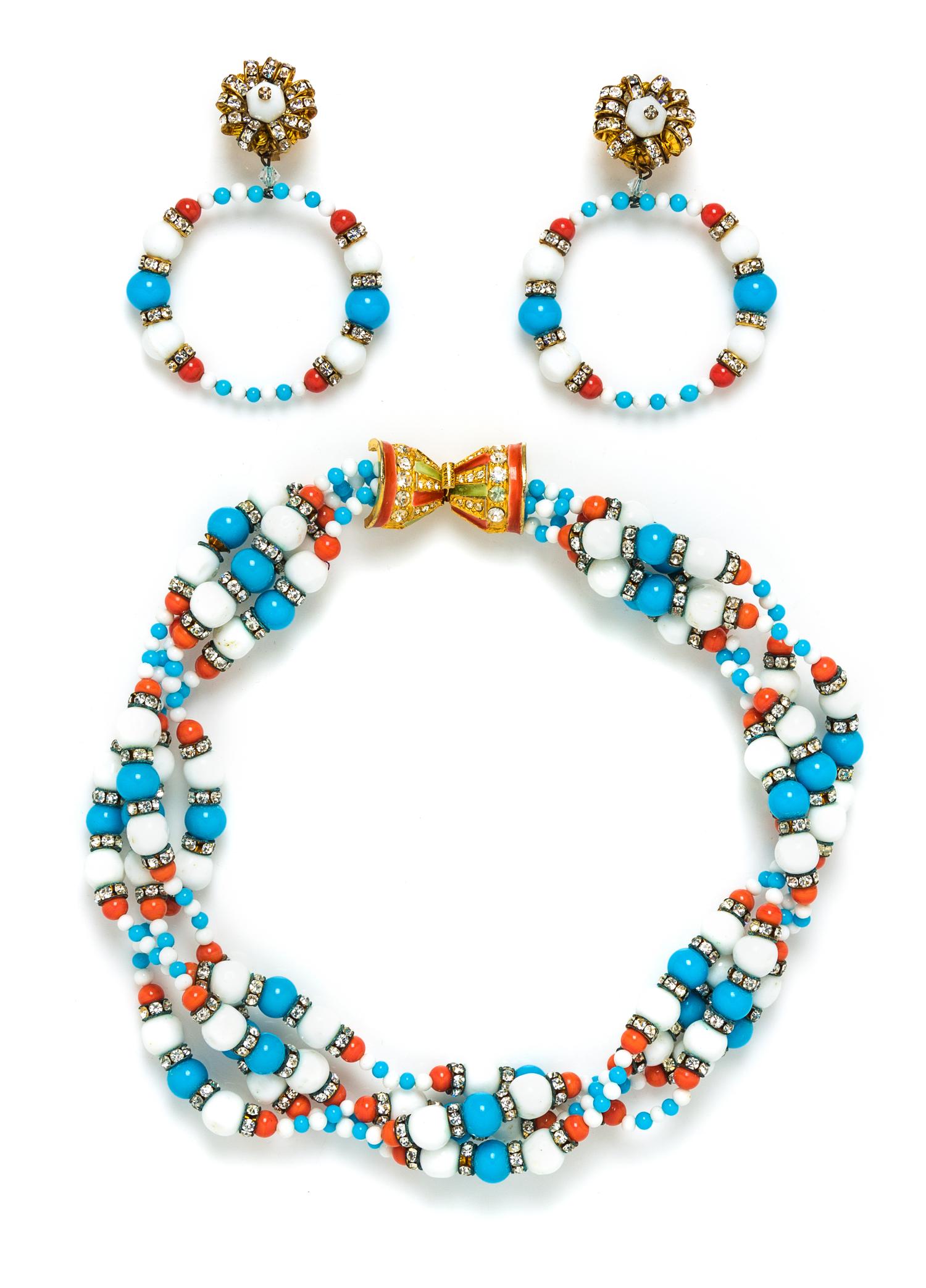 A Kenneth Jay Lane Four Strand Choker and Earclips, Length 18.5".