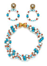 A Kenneth Jay Lane Four Strand Choker and Earclips, Length 18.5".