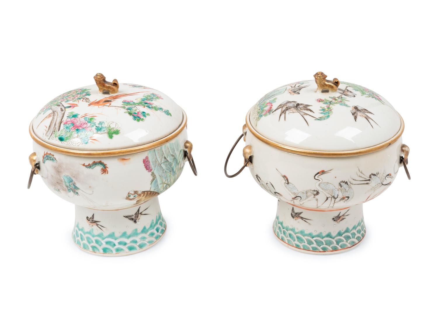 A Pair of Chinese Famille Rose Porcelain Hot Pots