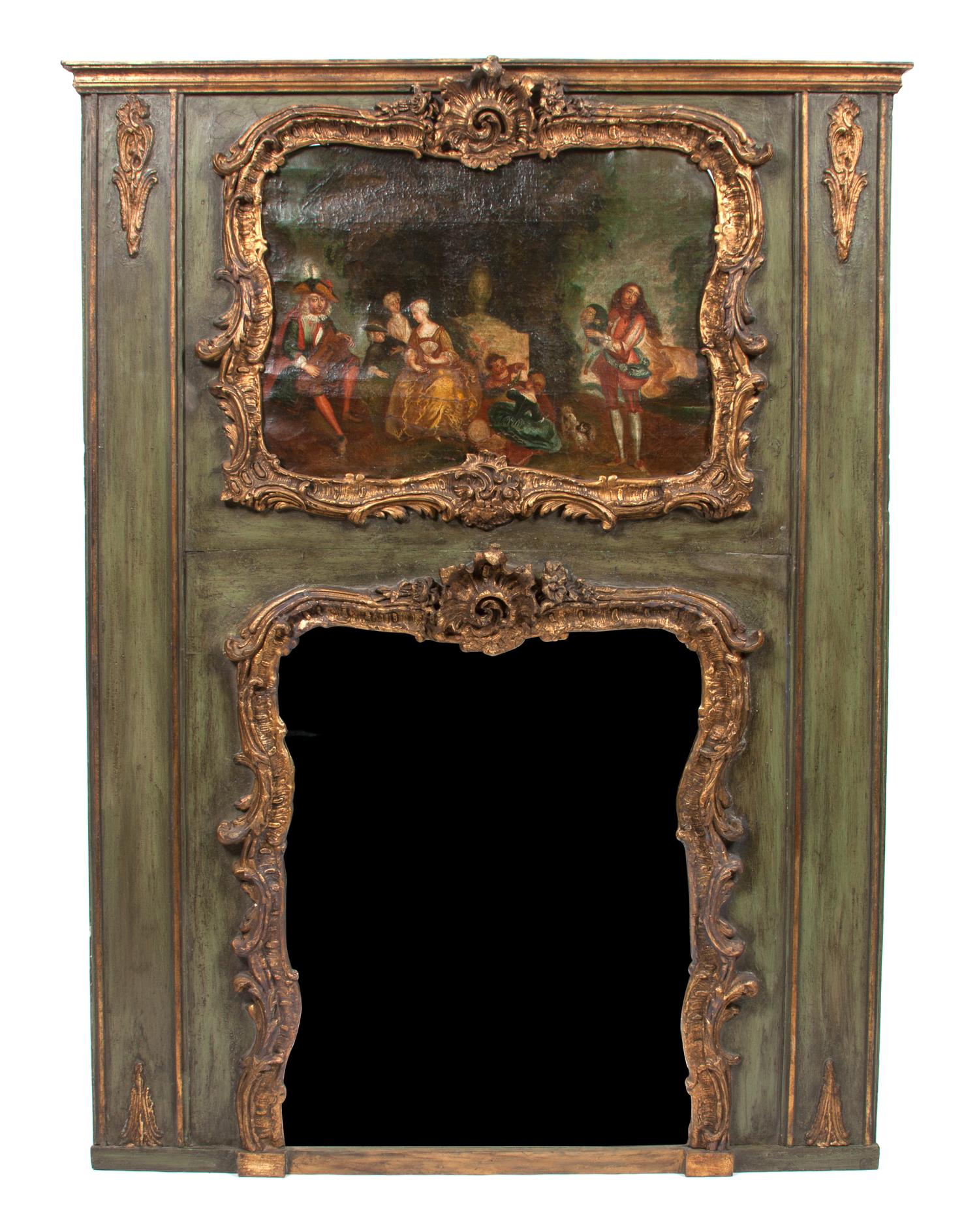A Louis XV Style Painted and Parcel Gilt Trumeau Mirror 64 x 47 inches. — 19TH CENTURY