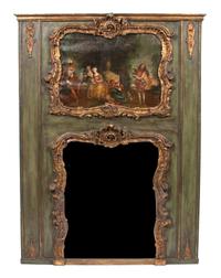 A Louis XV Style Painted and Parcel Gilt Trumeau Mirror 64 x 47 inches. — 19TH CENTURY