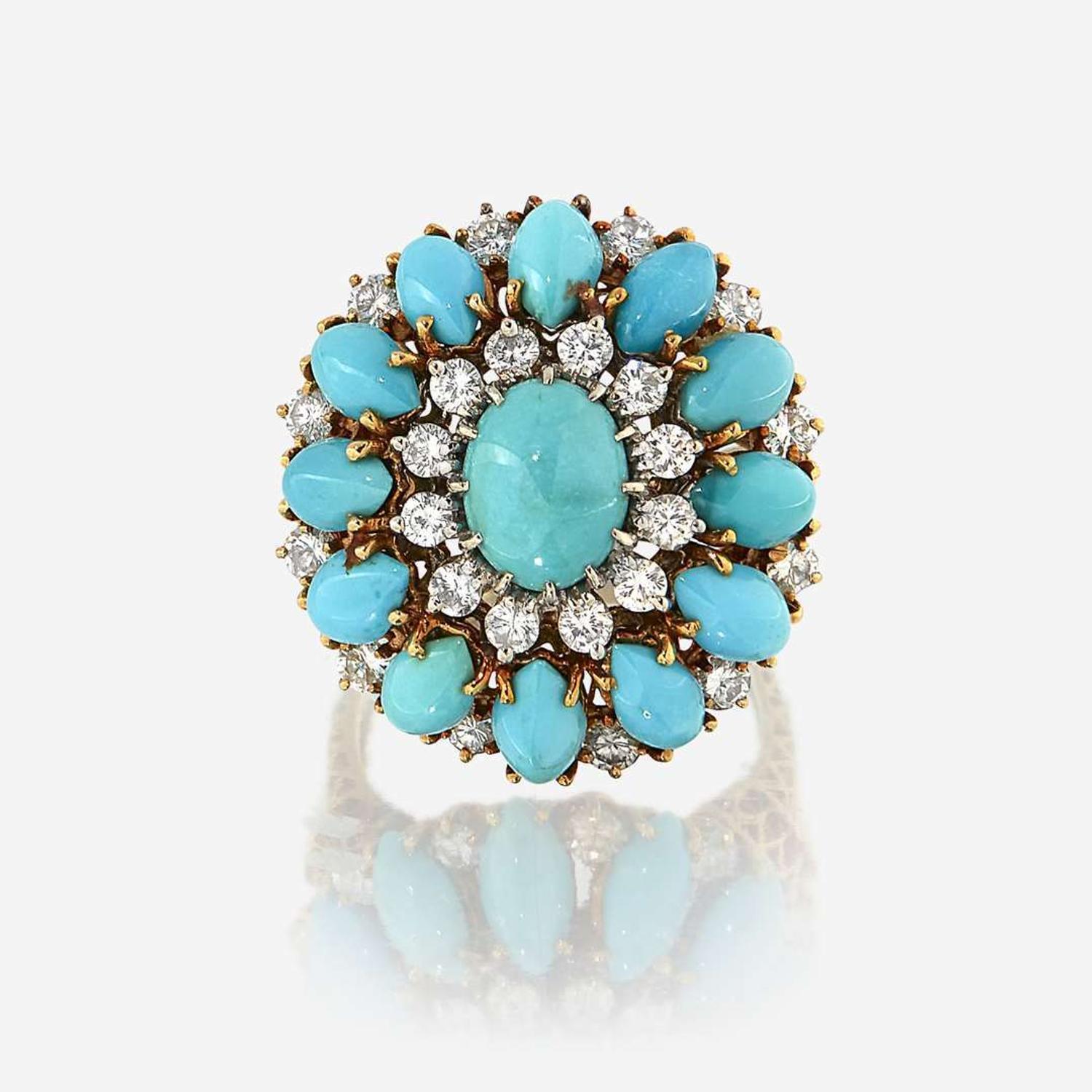 A turquoise, diamond, and eighteen karat gold ring