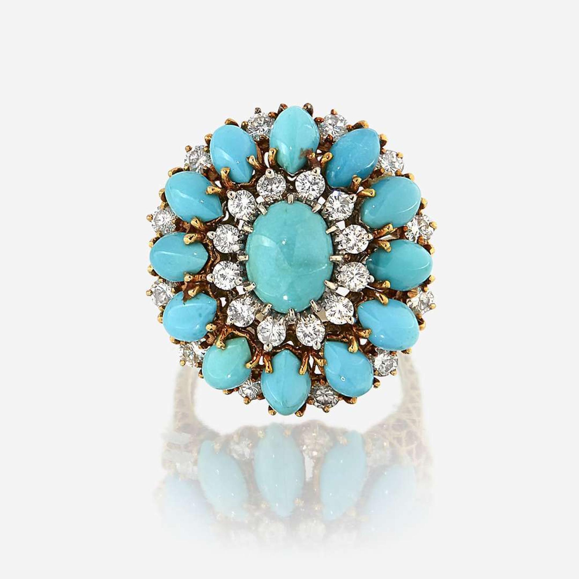 A turquoise, diamond, and eighteen karat gold ring
