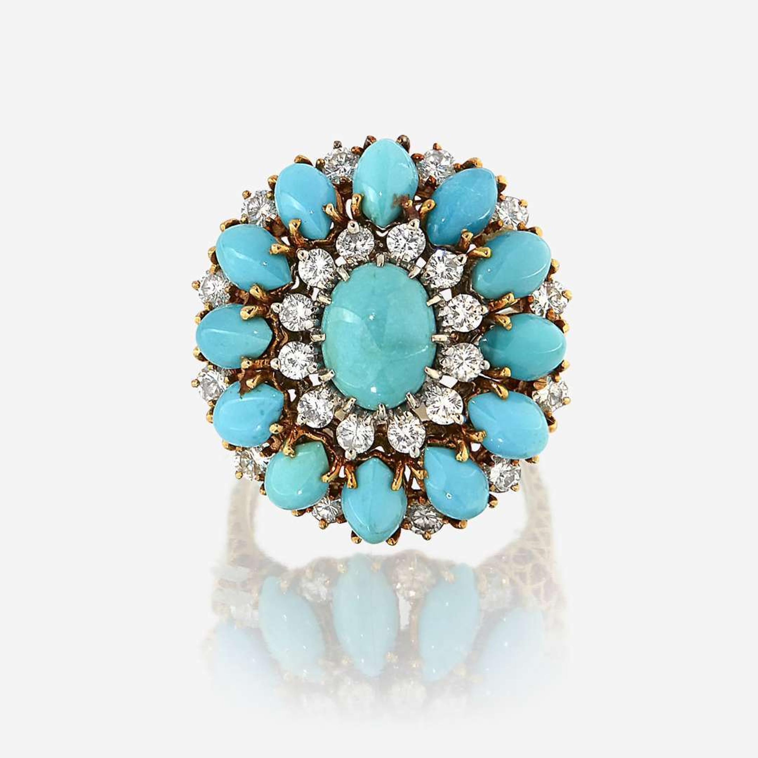 A turquoise, diamond, and eighteen karat gold ring