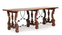 A Spanish Renaissance Revival Iron Mounted Trestle Table Height 32 x width 86 1/4 x depth 31 1/2 inches.