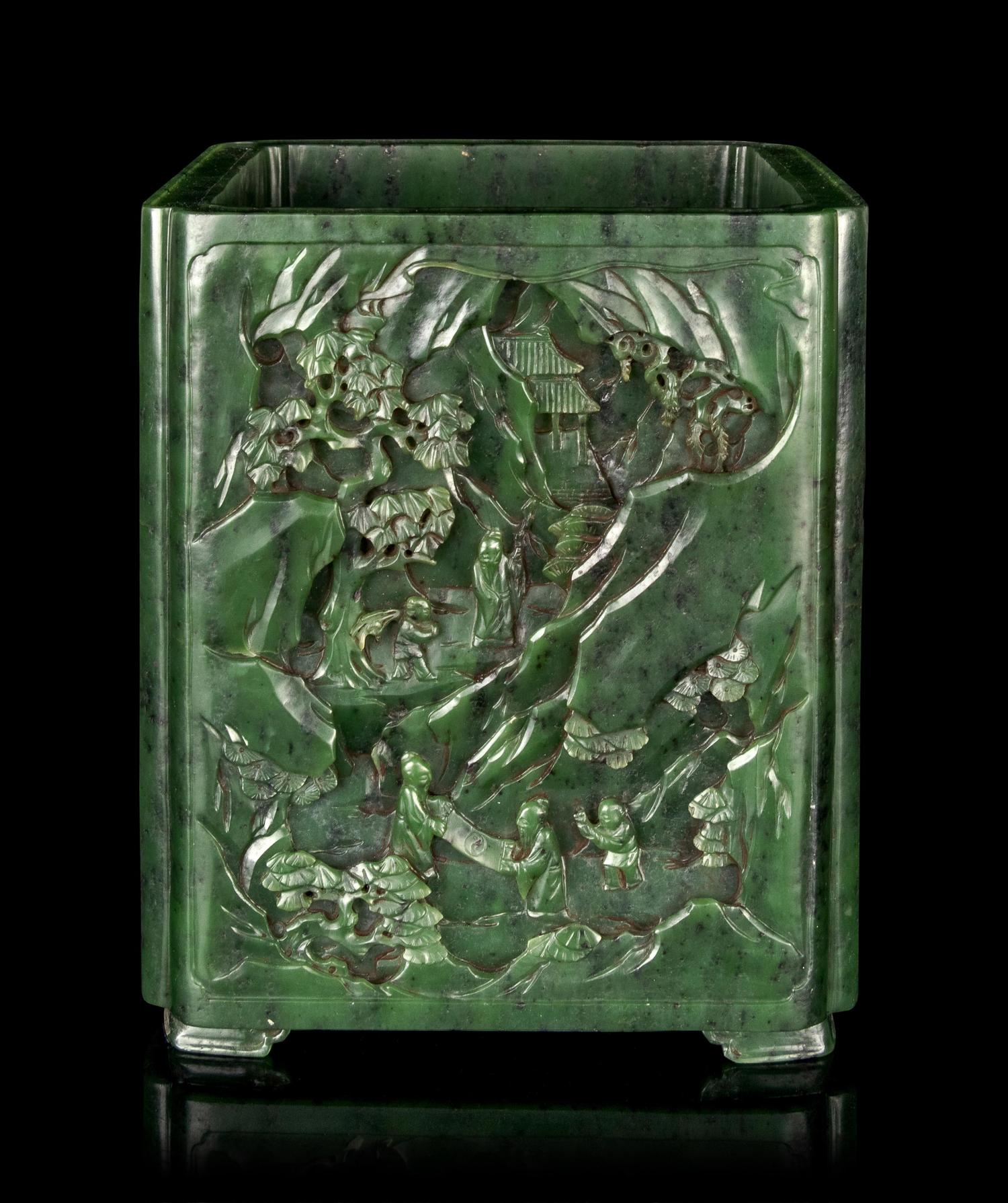 A Carved Spinach Jade 'Landscape' Square Brush Pot