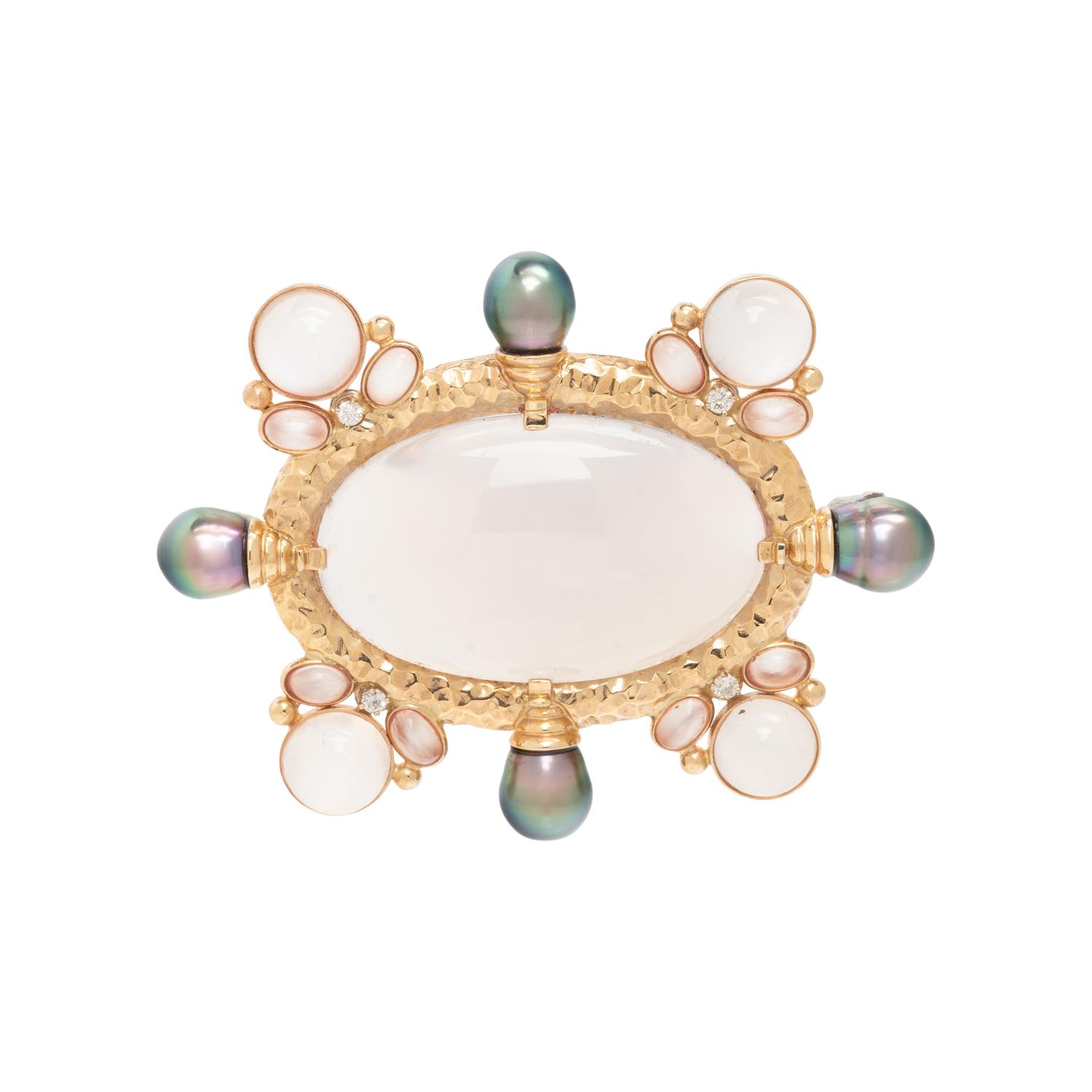 MOONSTONE, CULTURED BAROQUE PEARL AND DIAMOND BROOCH