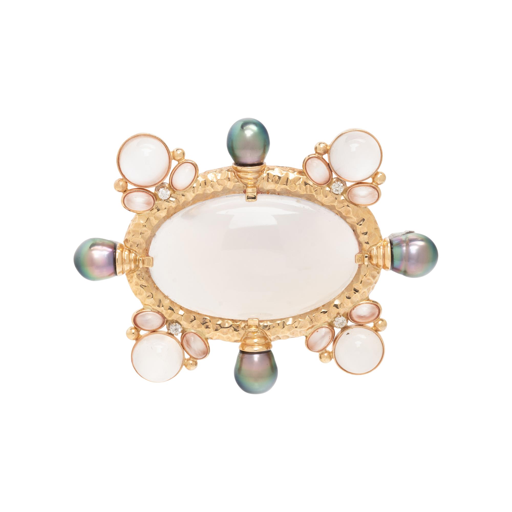 MOONSTONE, CULTURED BAROQUE PEARL AND DIAMOND BROOCH
