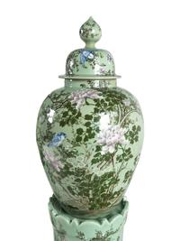 A Pair of Chinese Large Porcelain Covered Urns on Pedestals