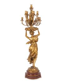 A Large French Gilt Bronze and Marble Figural Candelabrum