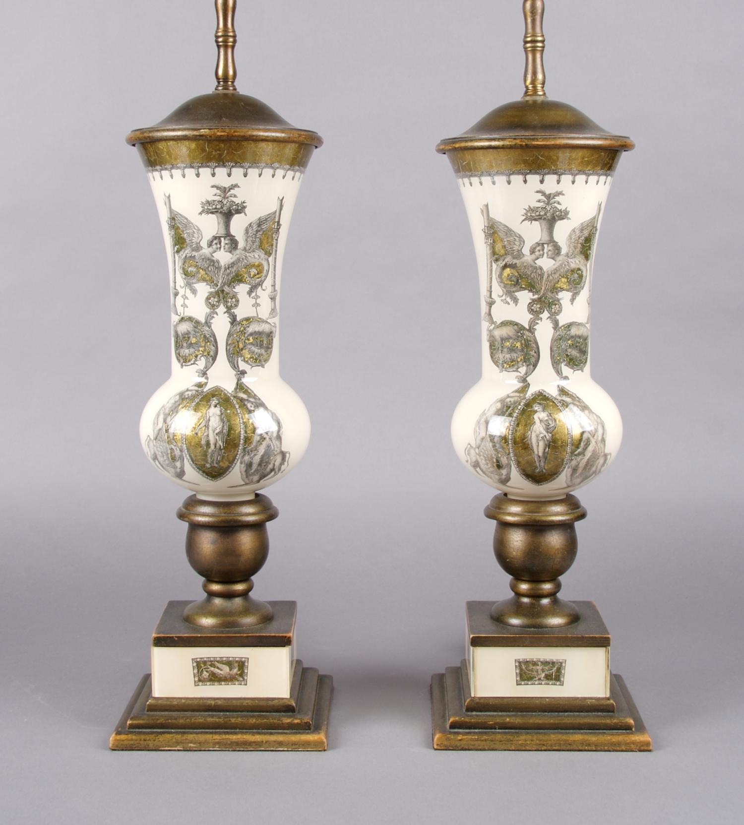 A Pair of Interior Painted Glass Baluster Vases, Height overall 24 inches.