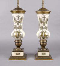 A Pair of Interior Painted Glass Baluster Vases, Height overall 24 inches.