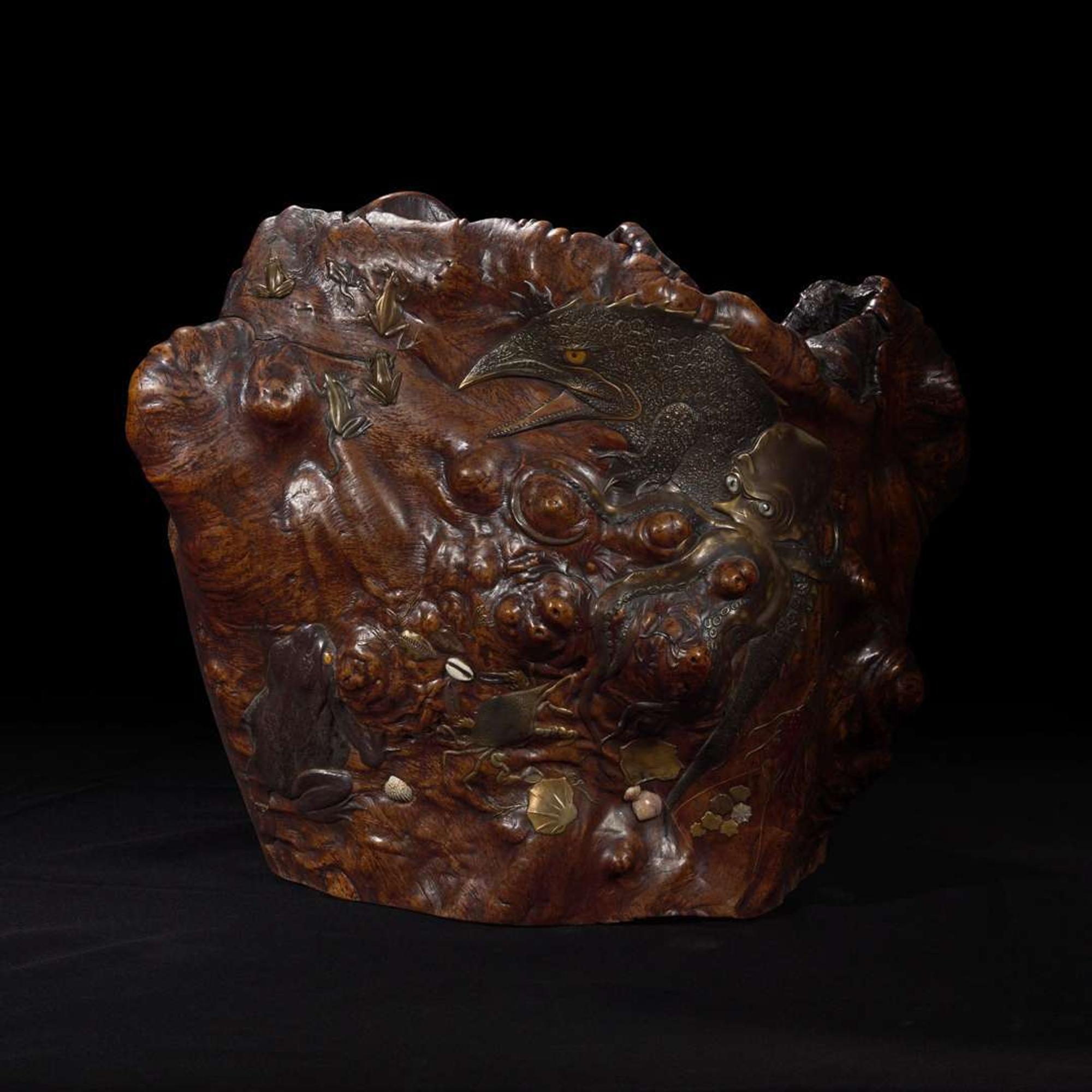 An unusual and large Japanese embellished rootwood hibachi 日本百宝镶嵌根雕 Meiji period ??